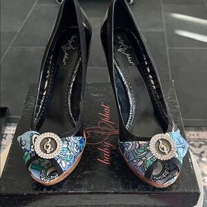 Baby Phat Black Peep-Toe Heels with Blue and Green Paisley Accent